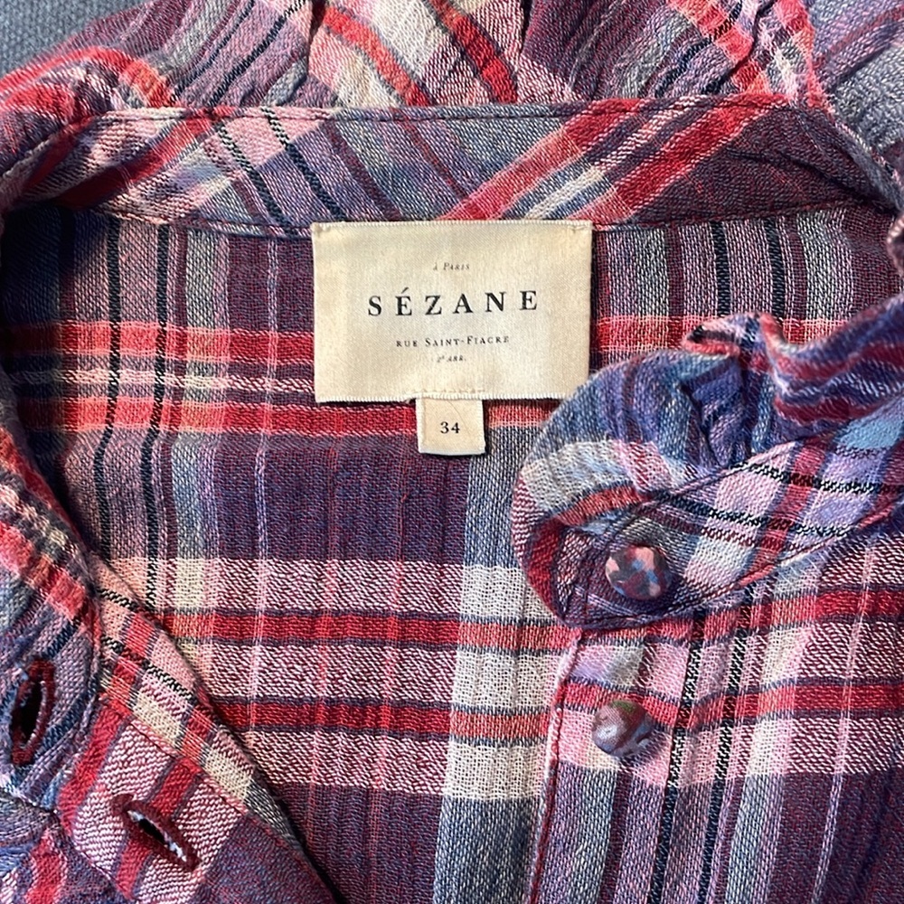 PRETTY IN PLAID 💋💋💋 Sezane ruffle front pink shirt NWOT 36 💕 - Picture 2 of 7